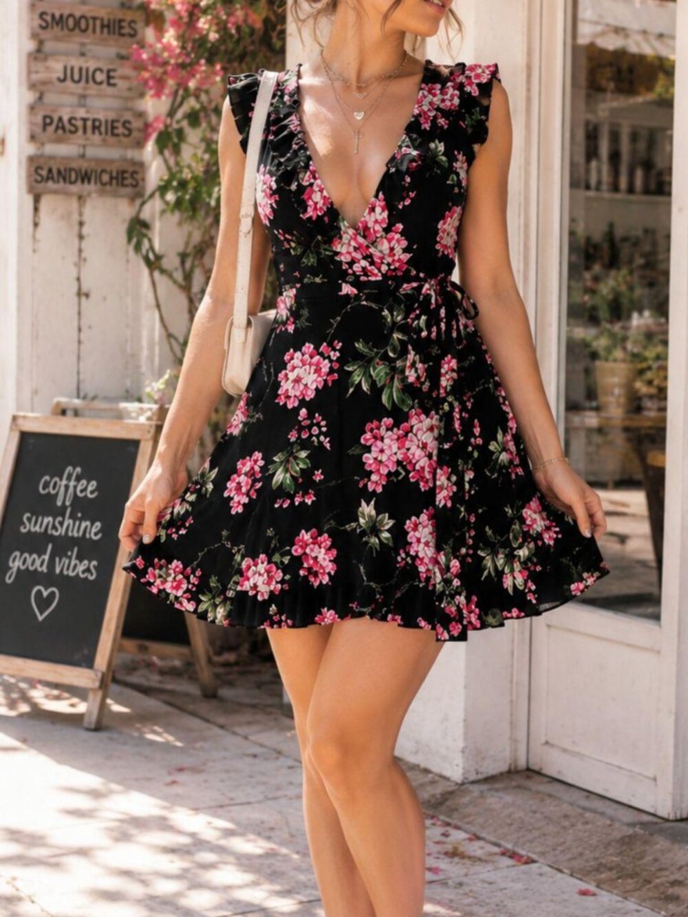 Black Wrap Midi Dress with Pink Floral Print